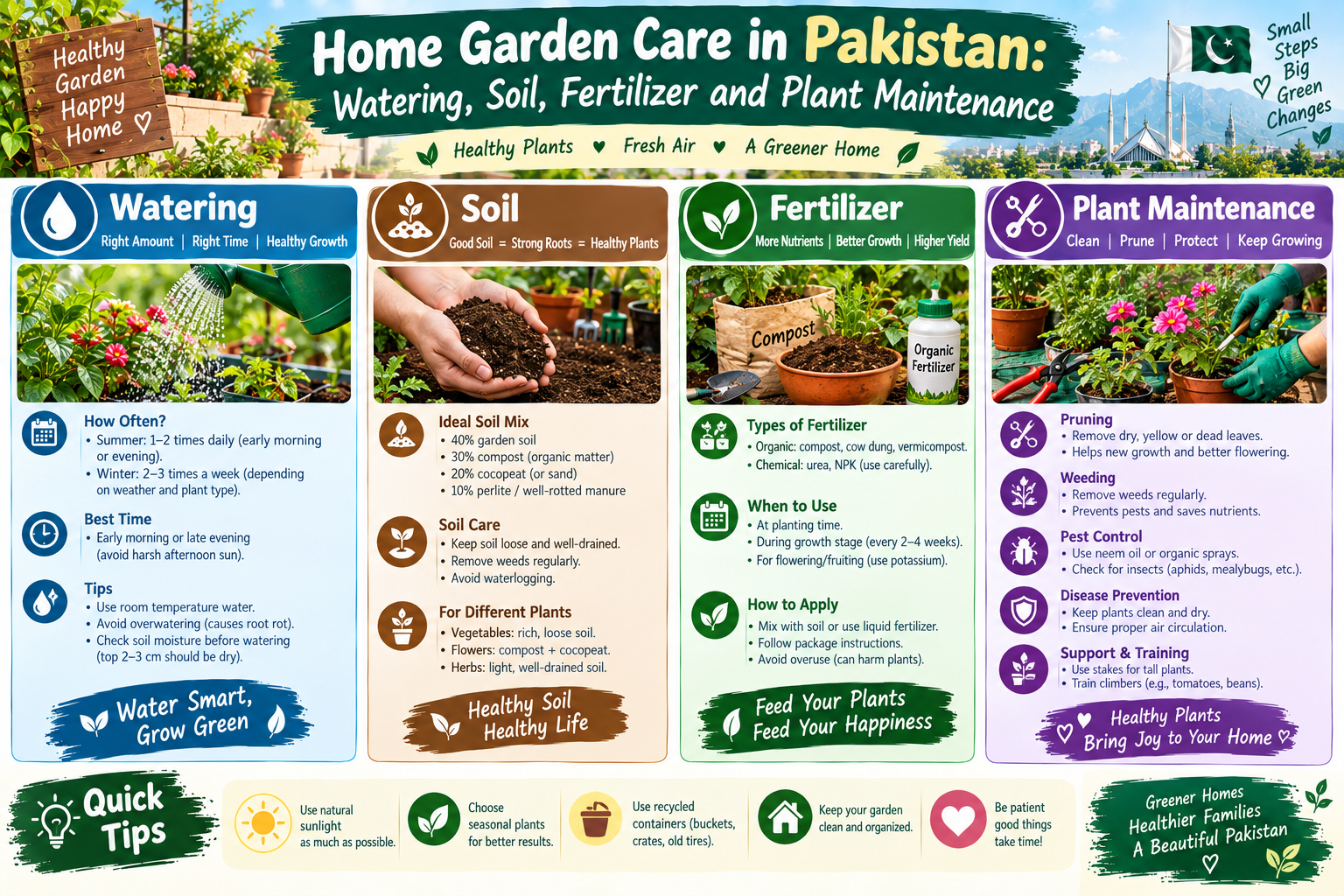 Home Garden Care in Pakistan: Watering, Soil, Fertilizer and Plant Maintenance