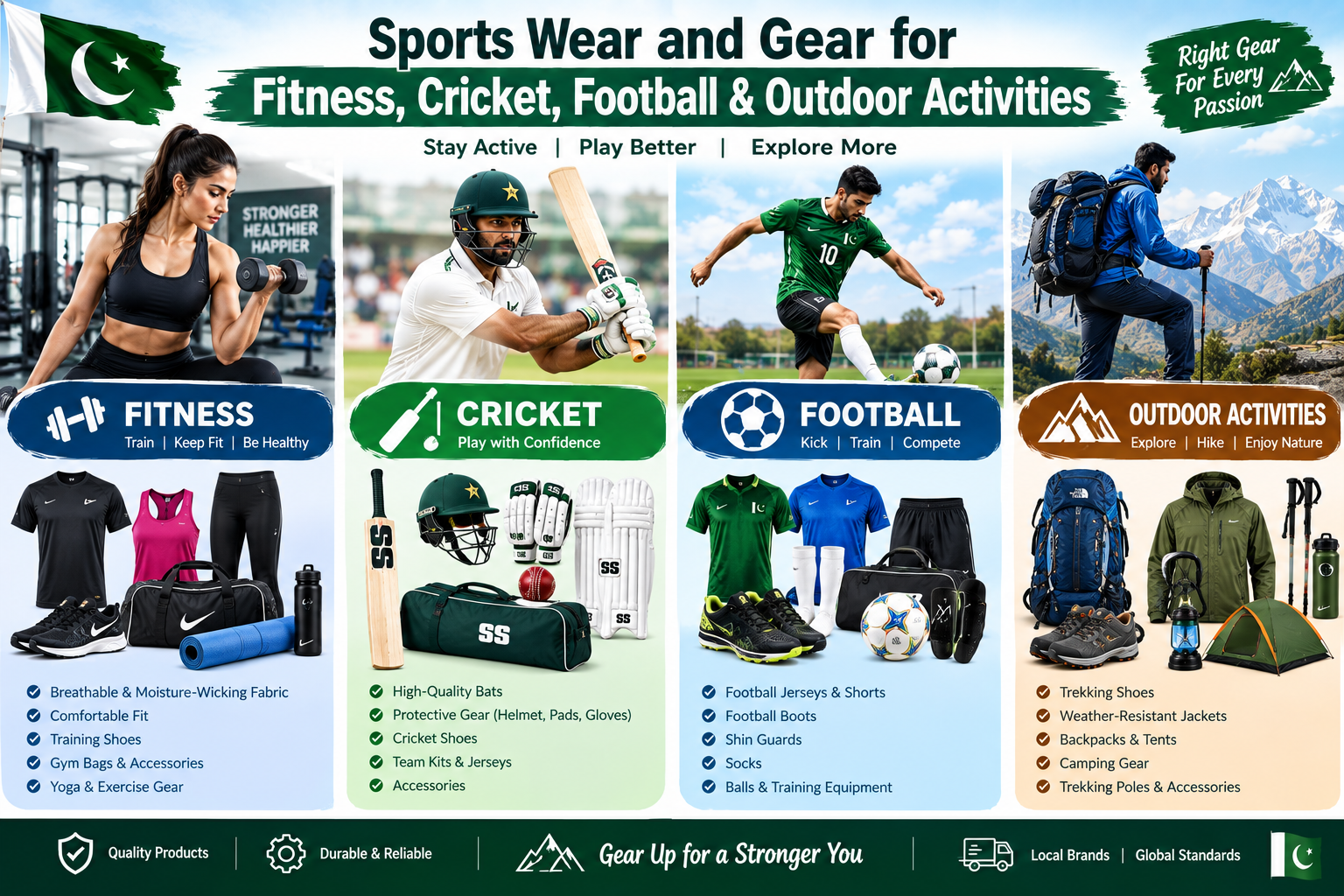 Sports Wear and Gear for Fitness, Cricket, Football and Outdoor Activities in Pakistan