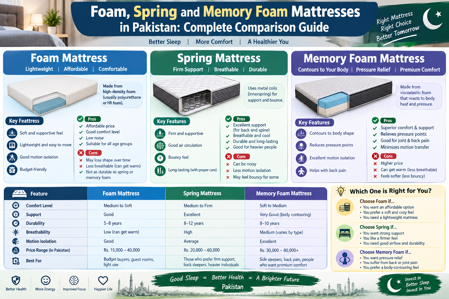 Foam, Spring and Memory Foam Mattresses in Pakistan: Complete Comparison Guide