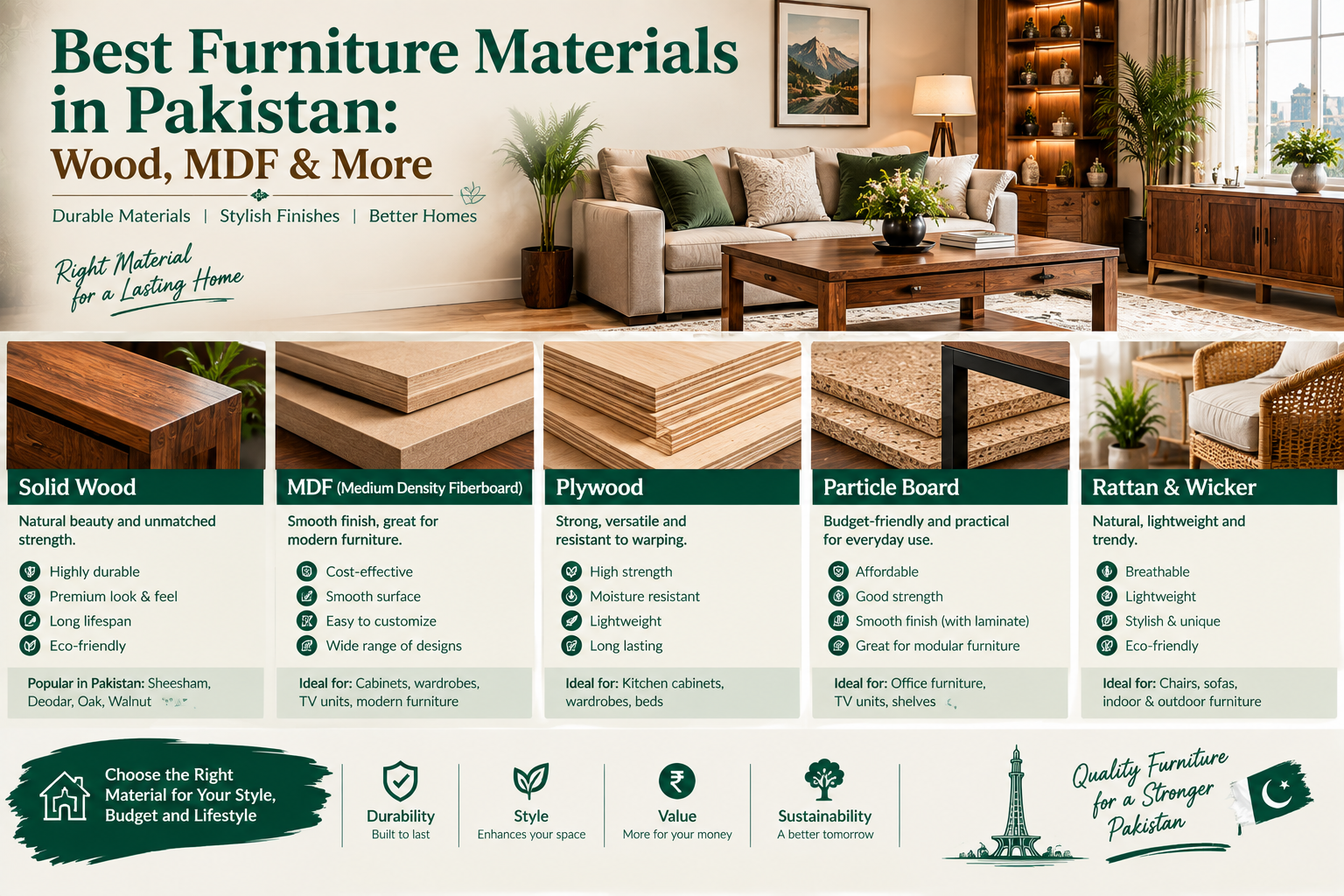 Best Furniture Materials in Pakistan: Sheesham, Deodar, MDF, Wood and More